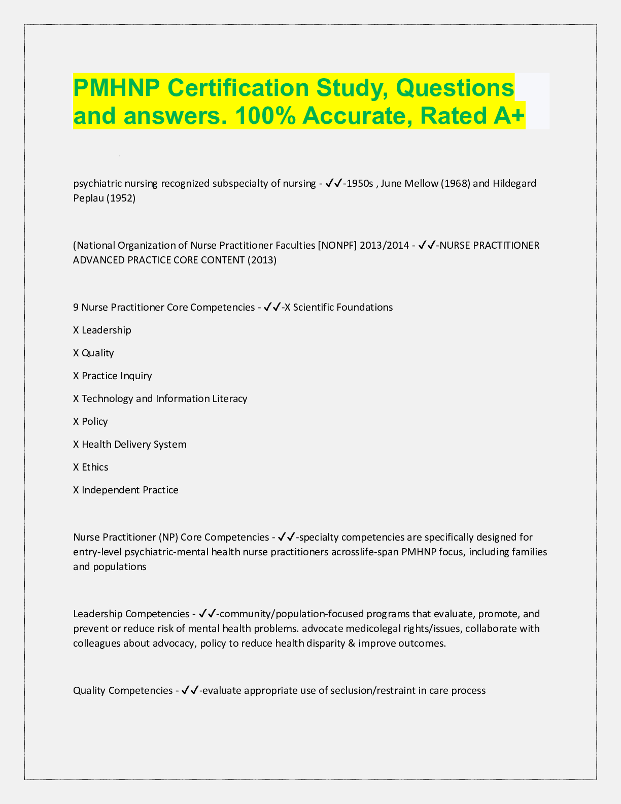 Preview image for PMHNP Certification Study, Questions  and answers. 100% Accurate, Rated A+ psychiatric nursing recognized subspecial